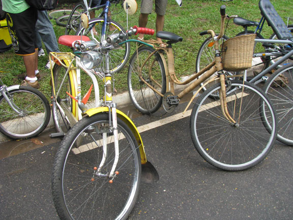 An original 1963 Brazilian bike next to a bamboo-wrapped beauty.