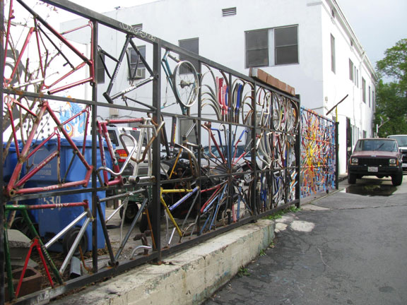 The new art-bike fence at LA Ecovillage.