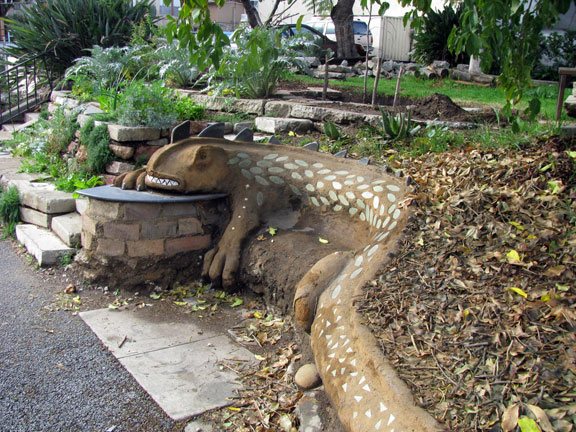 The LA Ecovillage has big plans for transforming their entire neighborhood. This lizard bench helps reinhabit the sidewalk in front of their buildings.