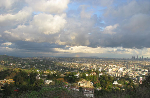 View of Downtown Los Angeles from Runyan Canyon, rainbow in distance.