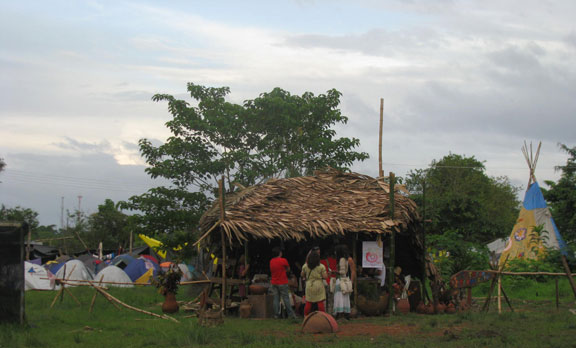 A permaculture demonstration hut from afar.