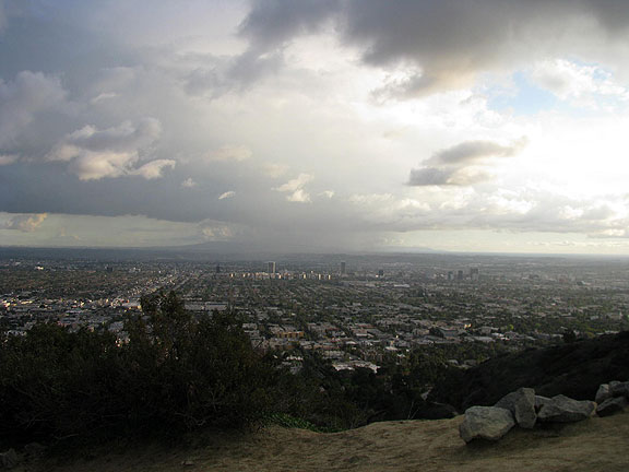 Rain moves across LA basin, southerly view from Runyan Canyon.