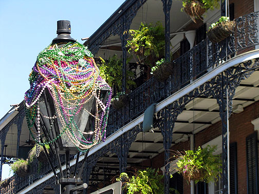 Beads cover street light in French Quarter, just after Mardi Gras 2009.