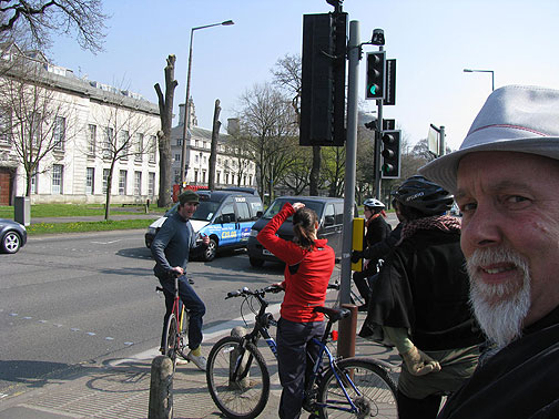 Peering back from the bike tour in Cardiff.