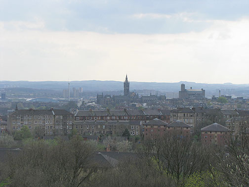 View of Glasgow from hilltop in park.