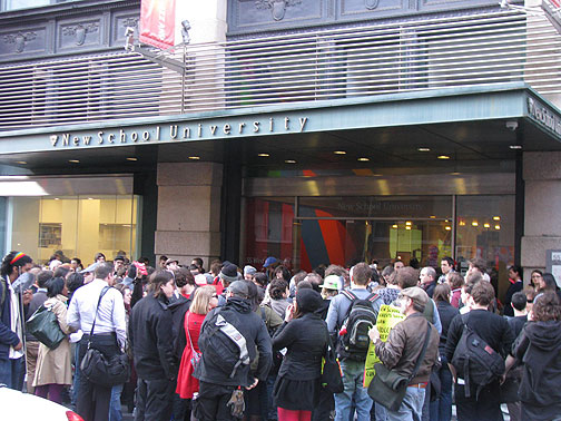 Demo at New School over police attack on occupiers, April 16, 2009.