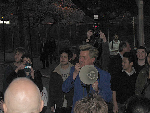Reverend Billy showed up in front of NYU to support this small wandering demo... the next night he had the launch party for his Mayoral campaign!
