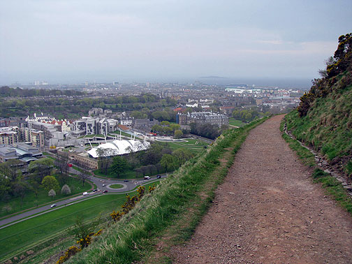 View down from Arthur's Seat path towards Scottish Parliament.