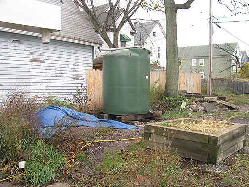 1000 gallon rain catchment barrel at the Massachusetts Avenue Project in Buffalo.
