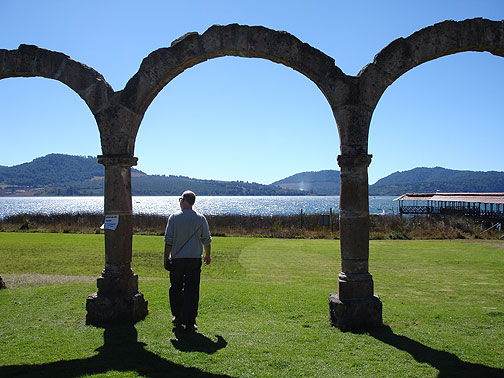 Apparently an old hacienda or monastery used to sit at the lake shore, but all that's left are these arches. A few dozen yards to my right in this photo is a pier stretching out into the lake for boat trips, and a weird cluster of fish restaurants and artesania booths.