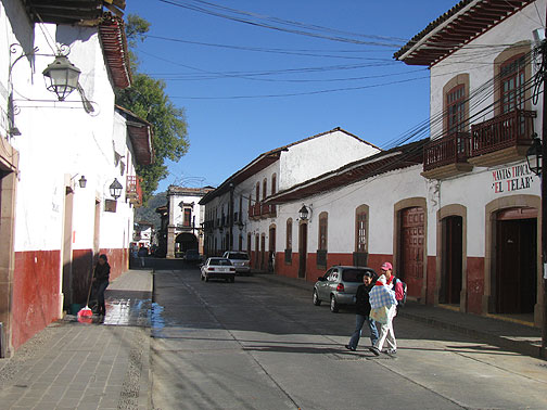 This is the standard look of central Patzcuaro. The Plaza de Don Quiroga is at the end of the street in this photo, and you can see the signage over the door to the right.