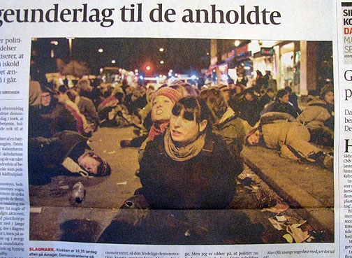From the local paper, arrestees held on street for 3 hours with no bathrooms, drink, or food, in freezing temperatures. A young Swede told us how neighbors hung red curtains and blankets out the windows in solidarity, that one person set up a projector and projected "Let Them Go" on the opposite wall, and another neighbor played loud music into the street. At least two demonstrators were hustled into someone's home to avoid arrest too!