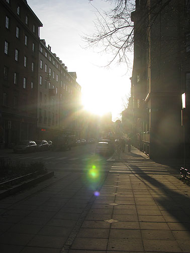This is the sun at 1 pm on a Stockholm Street... and when it shines like this, locals tend to stop what they're doing and soak it up!