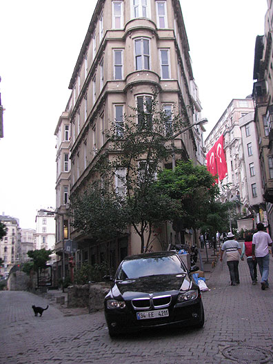 Istanbul is overwhelmed by cars; this one parked in an otherwise nice corner spot in a pedestrian zone.