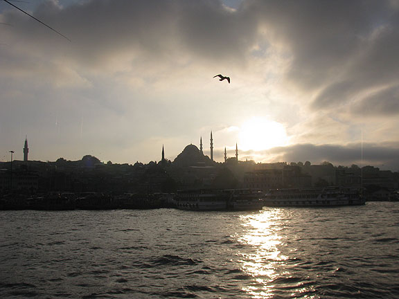 View across the Golden Horn at sunset, at Suleiman Mosque.