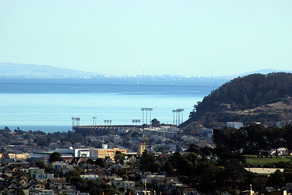 Candlestick Park, soon to be demolished, and in the far distance both San Mateo and Dumbarton bridges, and San Jose 65 miles south.