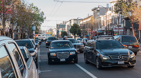Even though San Francisco has enjoyed a boom in cycling, it's not thanks to the infrastructure, which still overwhelmingly favor the private automobile (and there is practically no enforcement along here).