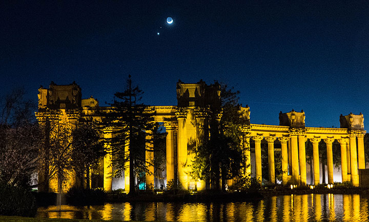 Moon, Venus, and Mars over Palace of Fine Arts on opening night of centennial celebration.