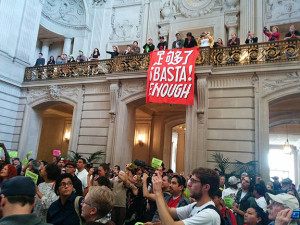 This "Basta!" banner was also seized.