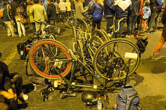 Bike pile at outdoor concert, April 4.