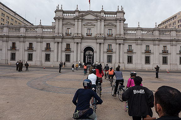 Riding in to La Moneda, the place where Allende was killed after bombardment on Sept. 11, 1973