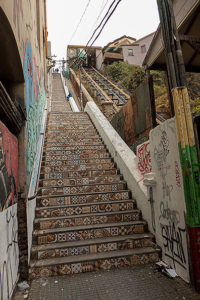 Mosaic-decorated stairs next to another funicular.